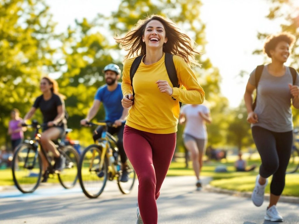 Oameni activi practicând sporturi în aer liber.