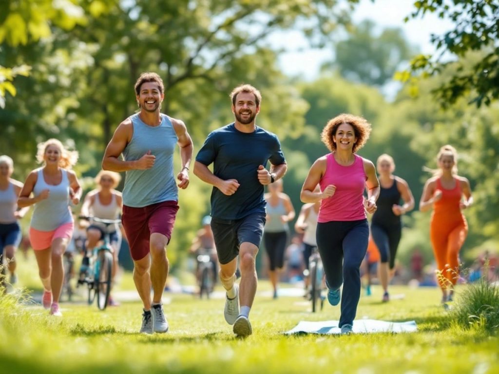 Grup de oameni activi exercitându-se în parc.