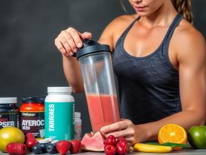 FitnessWorld 33 Sportiv amestecând suplimente cu fructe proaspete.