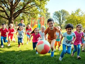FitnessWorld 35 Copii energici, în mișcare, zâmbitori, într-un parc verde.