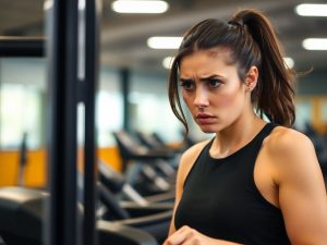 Femeie obosită la sală, nemulțumită de rezultate.