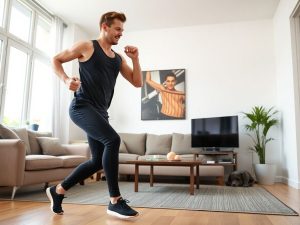 Femeie făcând exerciții HIIT acasă, fără echipament.