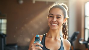 Femeie zâmbitoare în echipament sportiv într-o sală de fitness.