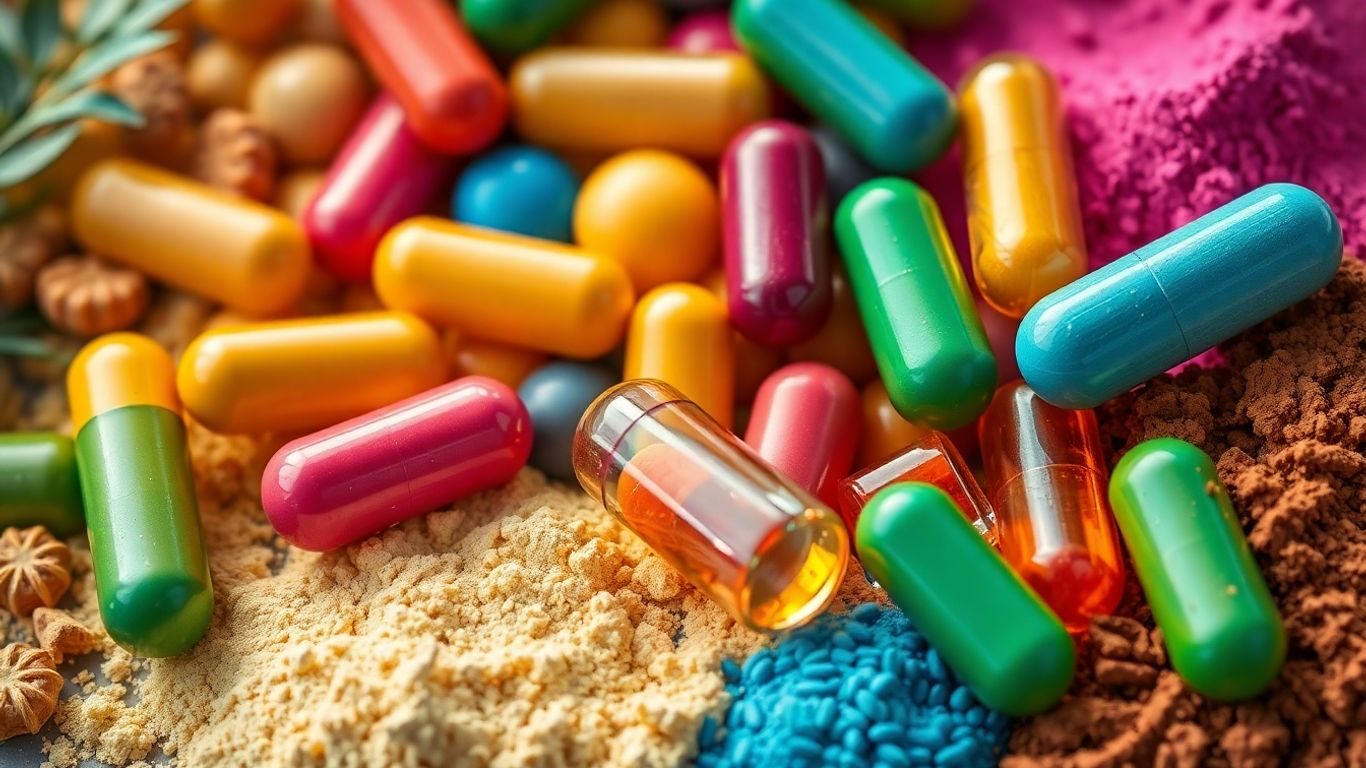 Capsule și pudre colorate pentru suplimente.