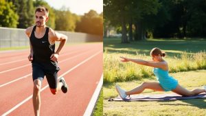 Alergare intensă versus stretching calm în natură.