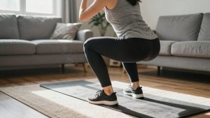 Femeie făcând exerciții de fitness acasă fără echipament.