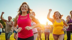 Oameni fericiți făcând sport în aer liber, beneficii fizice.